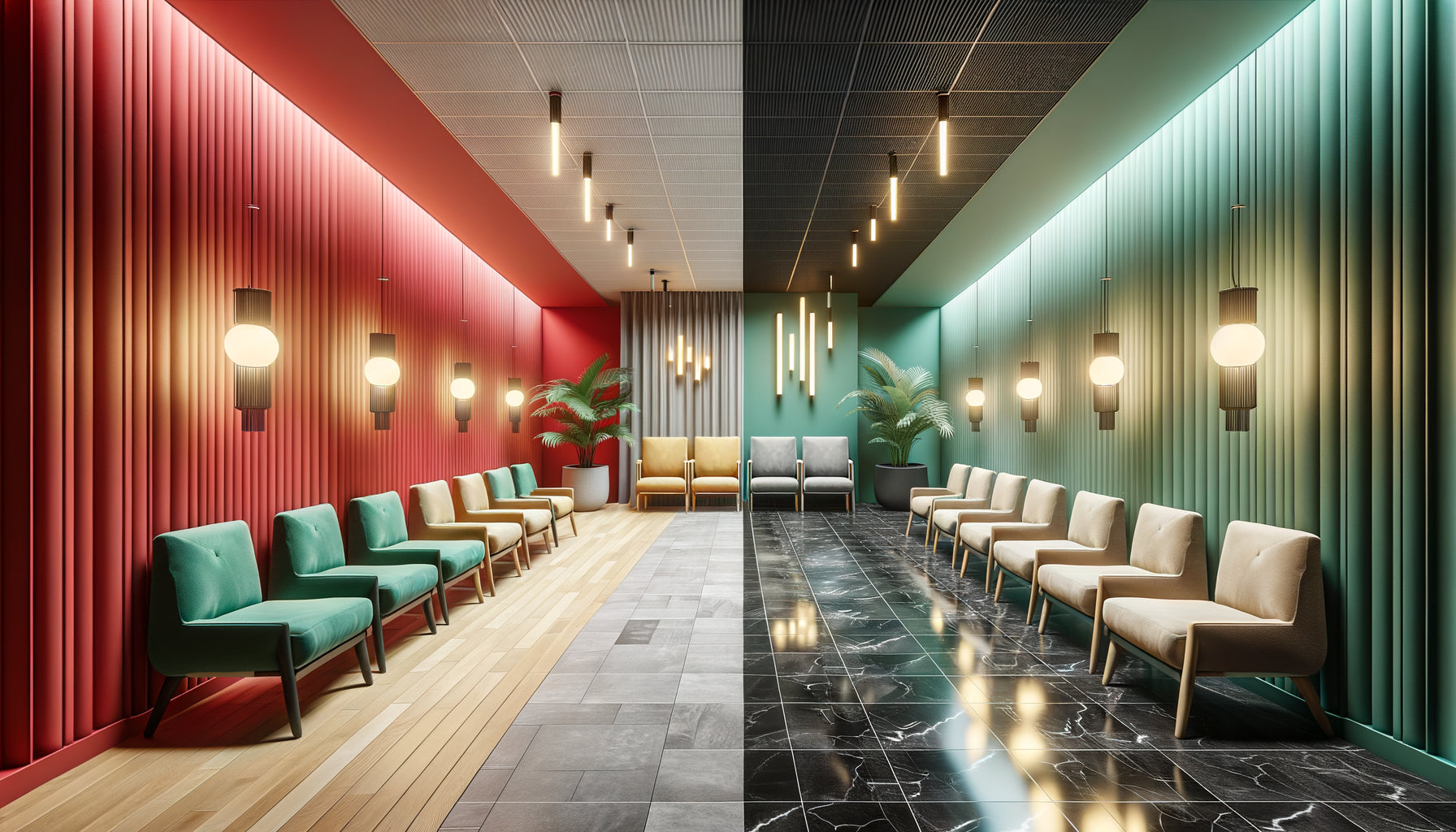 Comparaison de salles d'attente médicales montrant palettes chromatiques anxiogènes versus apaisantes en environnement de soin contemporain
