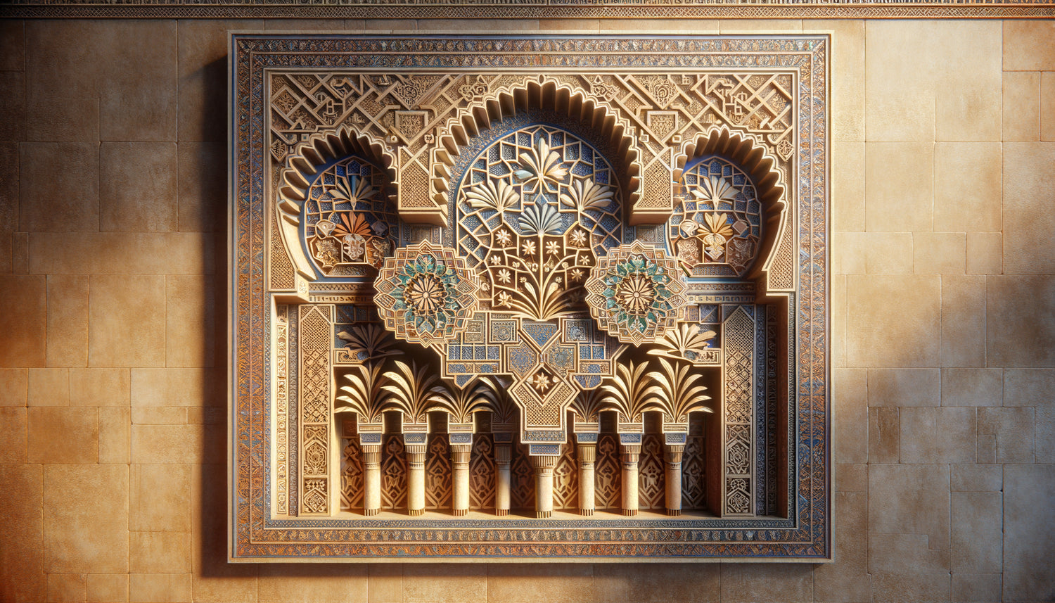 Décoration architecturale almoravide du XIe siècle montrant des palmiers stylisés en motifs géométriques sacrés sur stuc sculpté