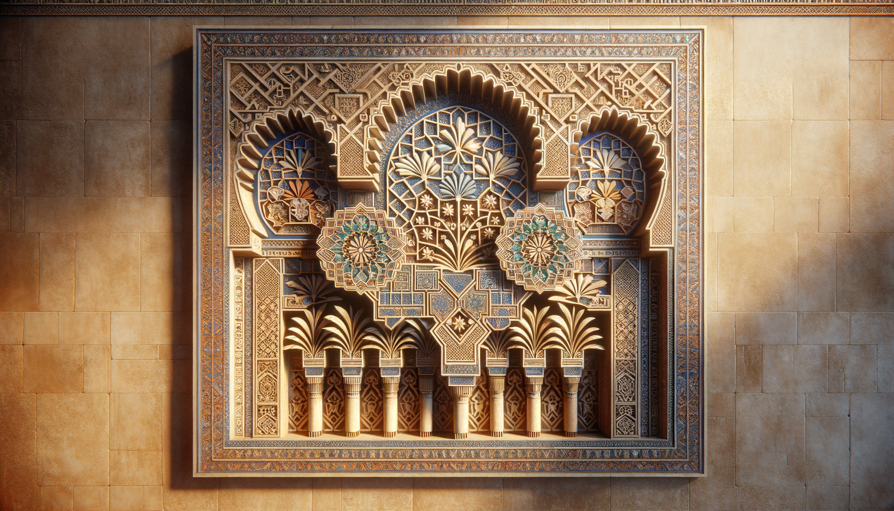 Décoration architecturale almoravide du XIe siècle montrant des palmiers stylisés en motifs géométriques sacrés sur stuc sculpté