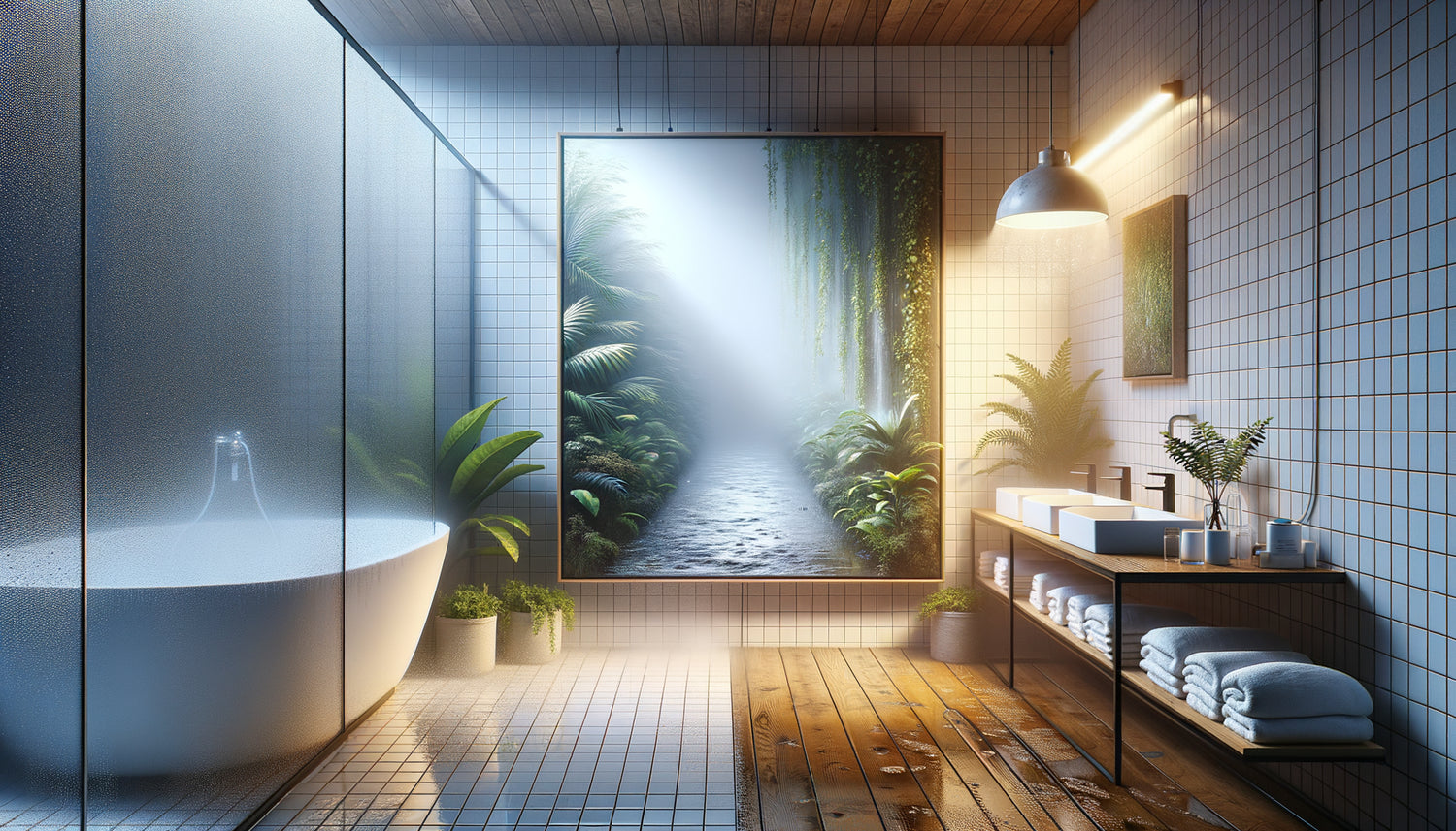 Comparaison visuelle entre toile tendue déformée et panneau rigide stable dans environnement humide de salle de bain