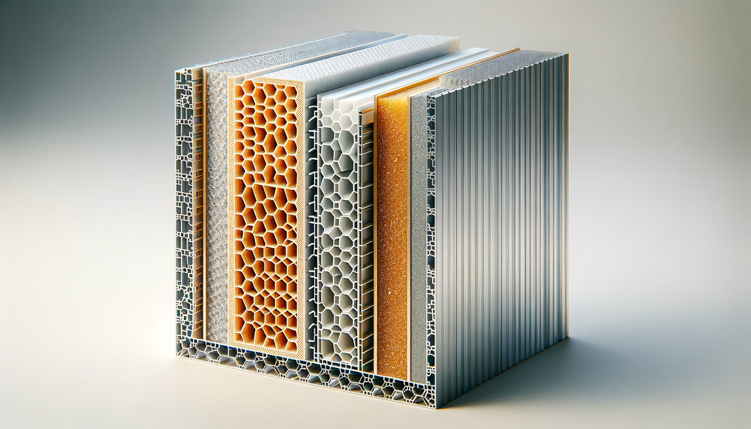 Coupe transversale de panneaux sandwich aluminium montrant trois types de noyaux : mousse polyuréthane, alvéolaire et polyéthylène