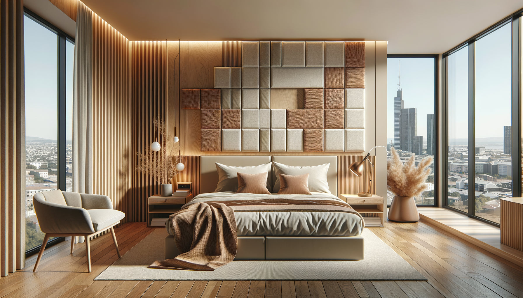 Chambre Airbnb moderne avec panneaux acoustiques décoratifs géométriques terracotta sur mur, design contemporain fonctionnel et esthétique