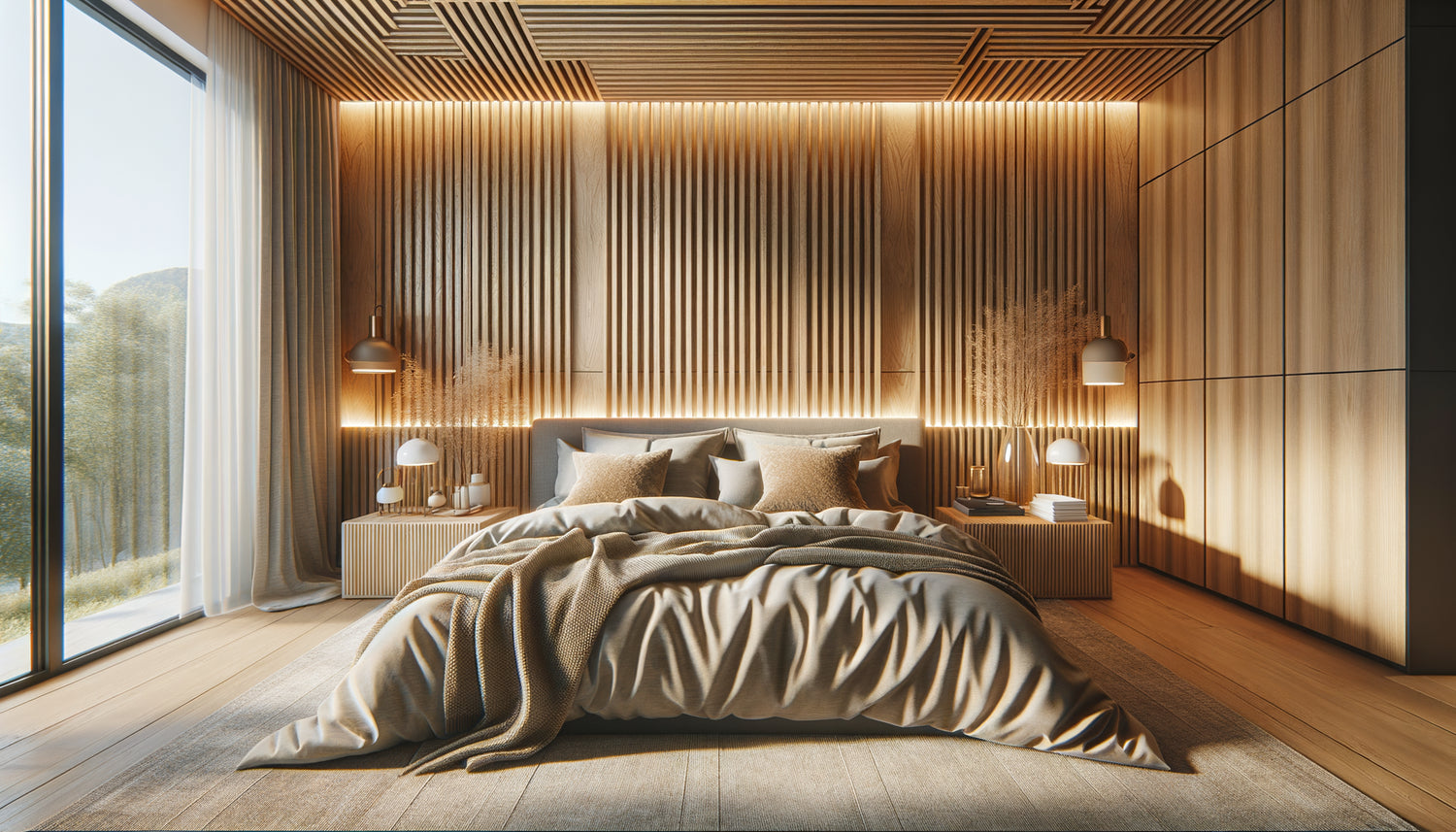 Chambre Airbnb moderne avec panneau mural en bois naturel créant un effet premium chaleureux