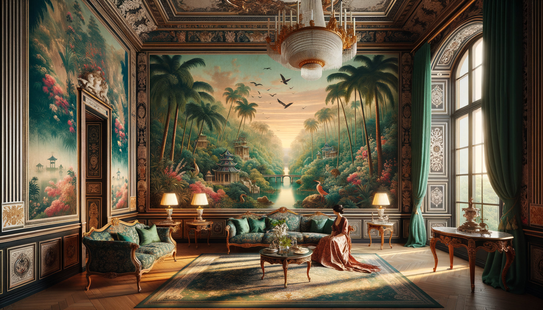 Salon bourgeois années 1830 avec papier peint panoramique exotique couvrant le mur, style Empire français authentique