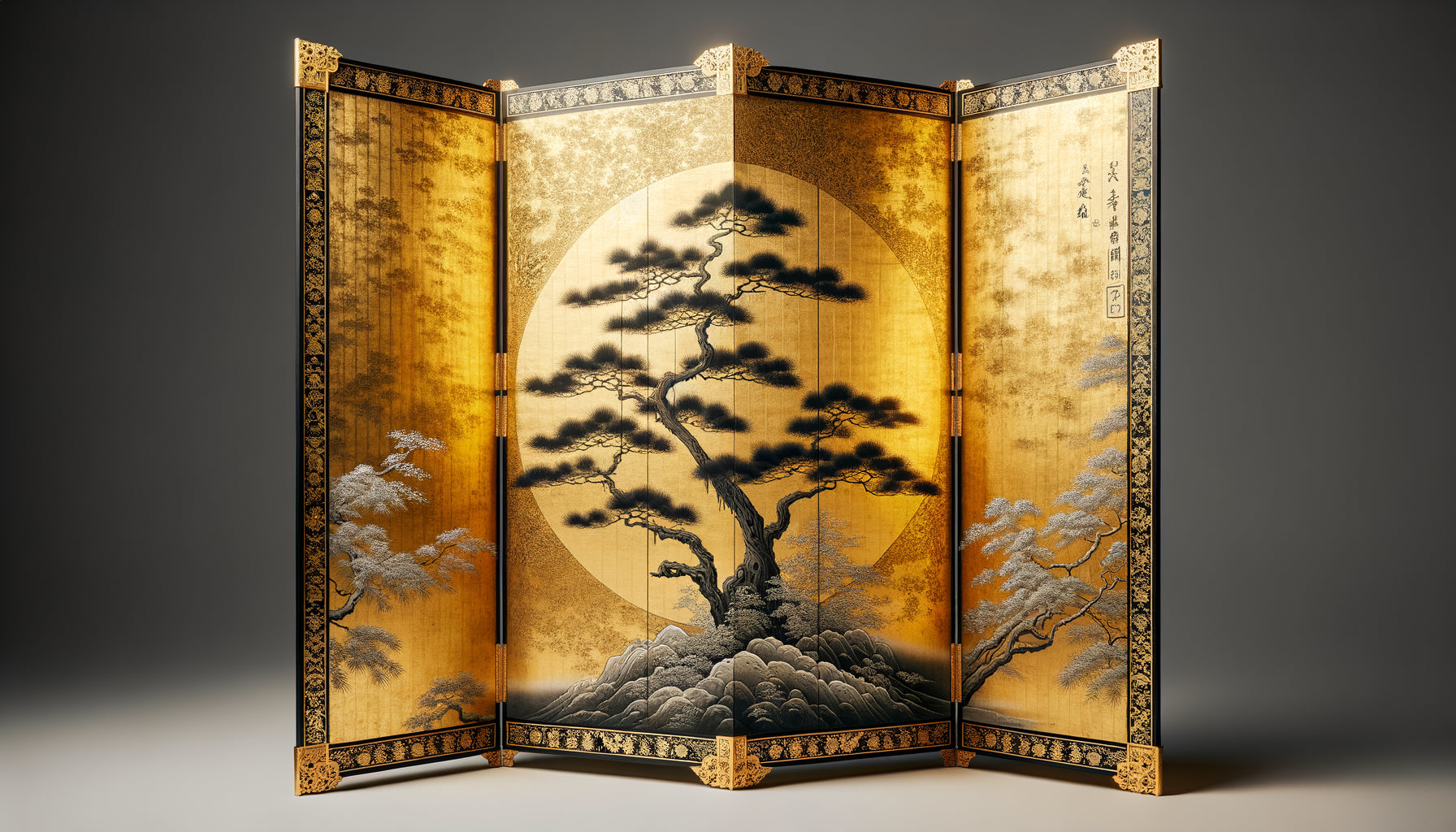 Paravent japonais école Kano combinant feuille d'or et encre monochrome, branches de pin sur fond doré, période Edo