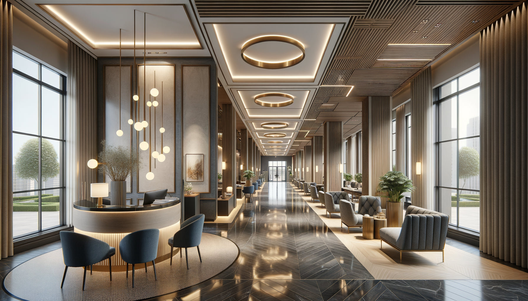 Intérieur de bureaux contemporains montrant la continuité visuelle de l'accueil aux espaces associés avec matériaux cohérents