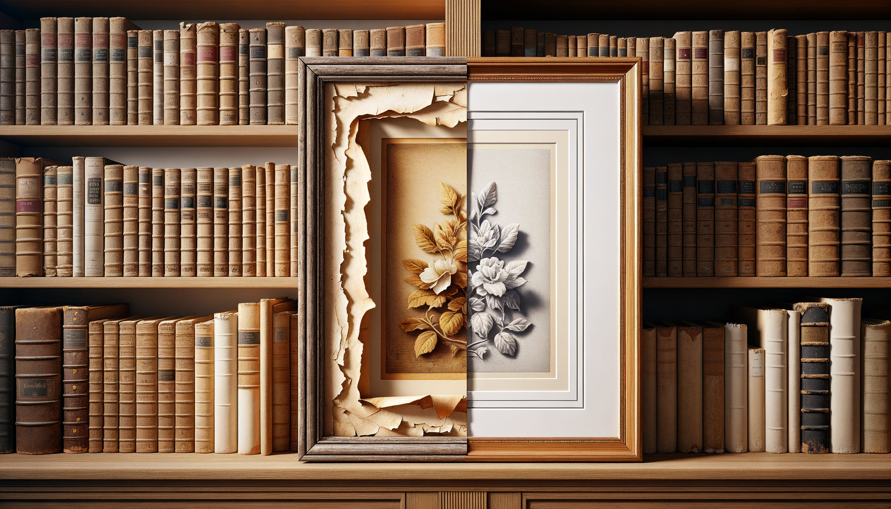 Comparaison entre passe-partout jauni standard et passe-partout museum grade blanc intact près de livres anciens