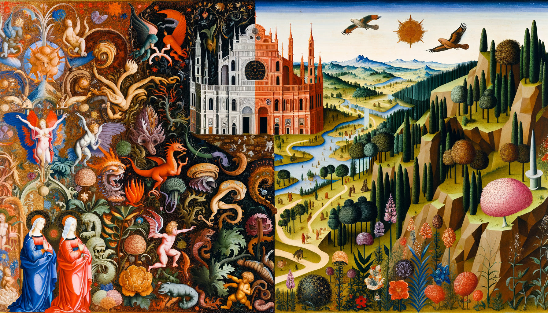 Comparaison visuelle entre paysage allégorique symbolique et paysage descriptif naturaliste de la Renaissance italienne et flamande