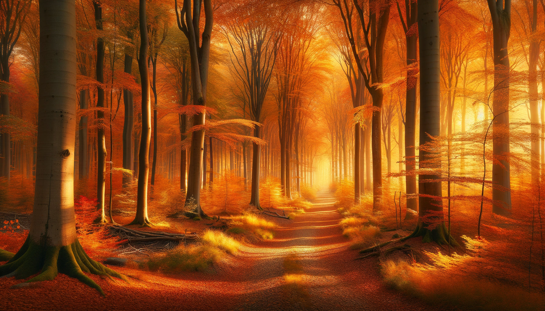 Paysage forestier automnal aux teintes ocre, dorées et rouille baigné de lumière chaleureuse naturelle