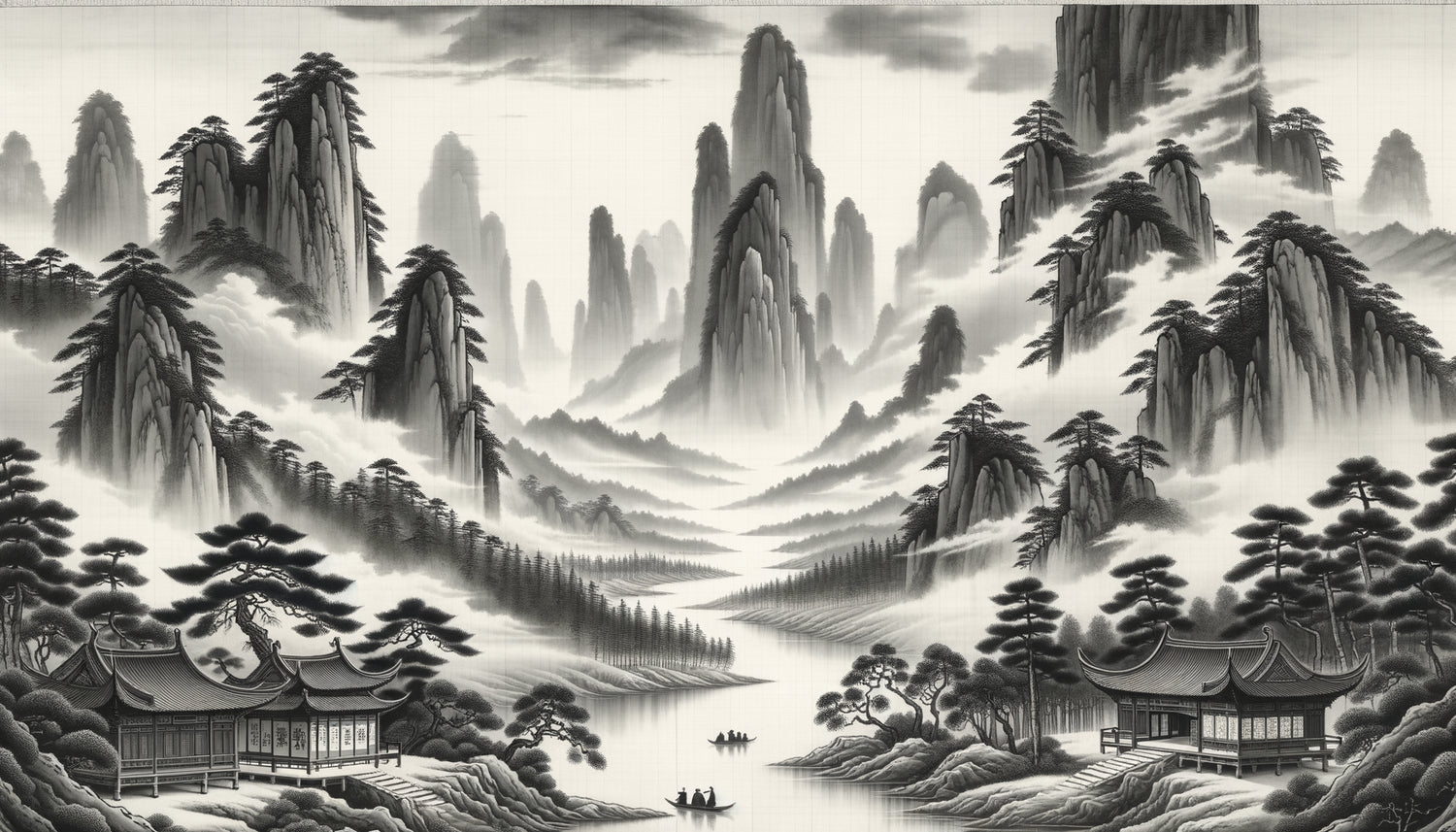 Peinture chinoise traditionnelle shanshui en rouleau vertical, lecture ascendante du monde humain vers les sommets bruumeux, style Song