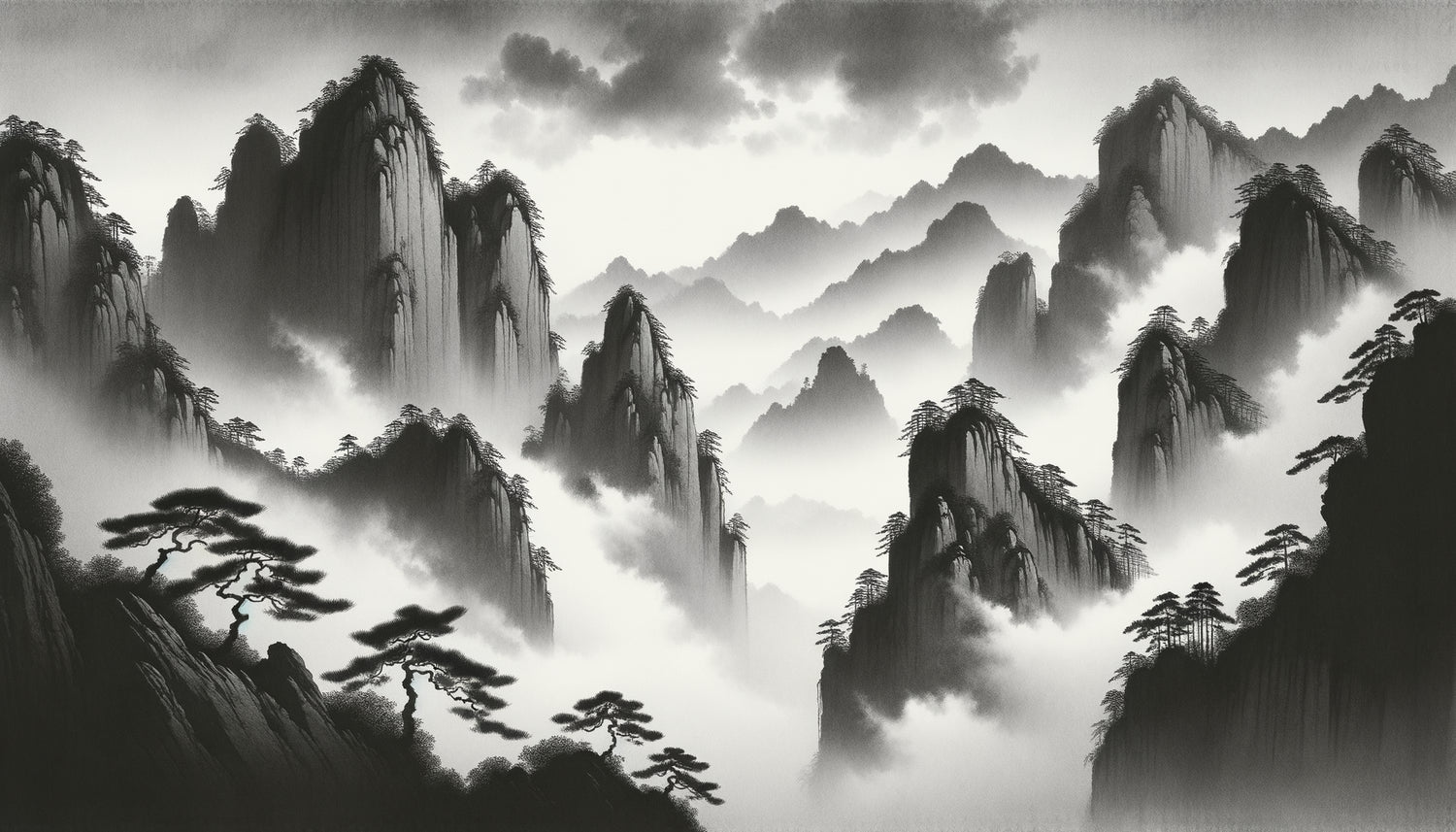 Paysage à l'encre de Chine sur papier xuan, style dynastie Song, montagnes brumeuses et pins, technique traditionnelle shanshui