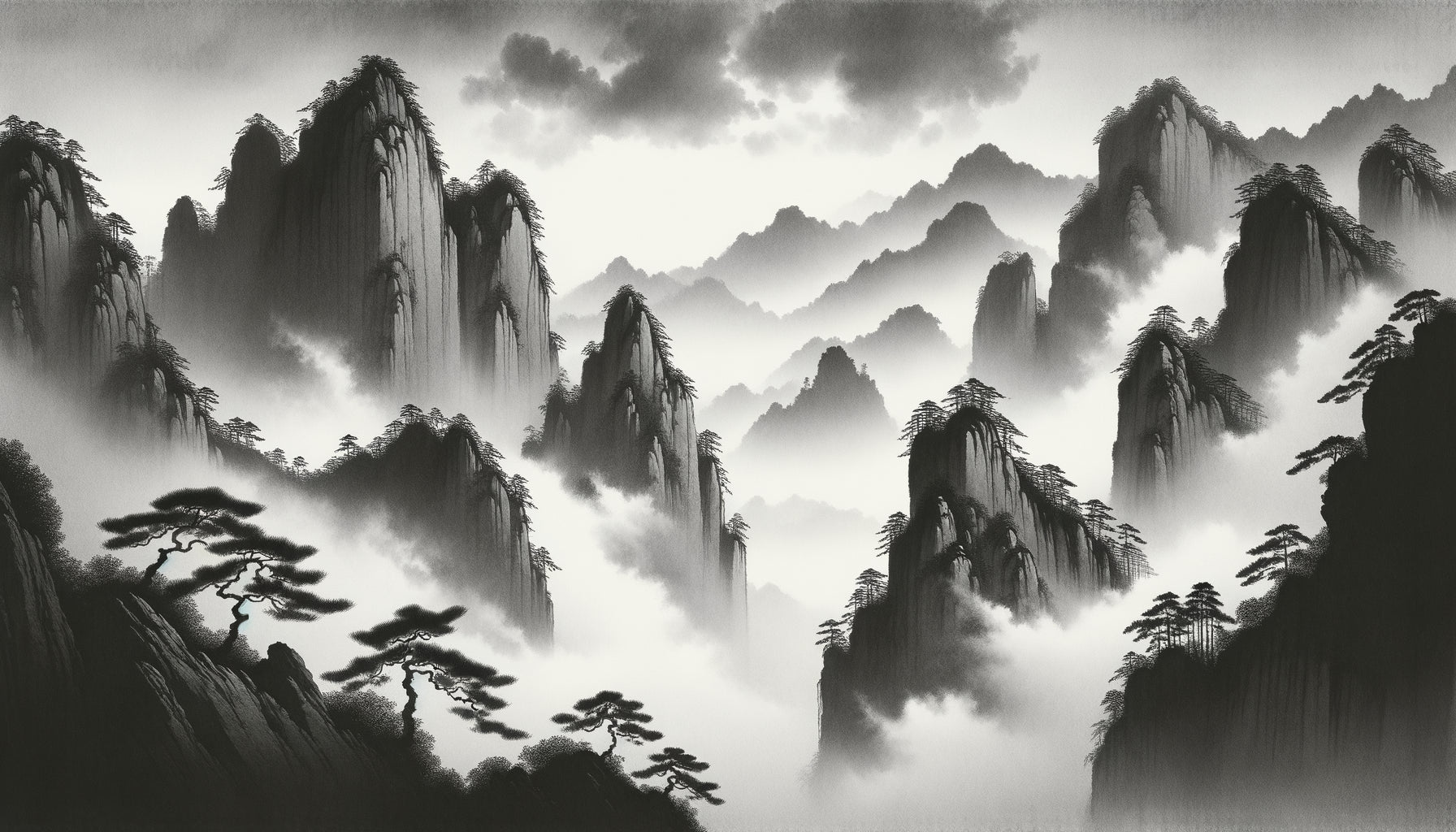 Paysage à l'encre de Chine sur papier xuan, style dynastie Song, montagnes brumeuses et pins, technique traditionnelle shanshui