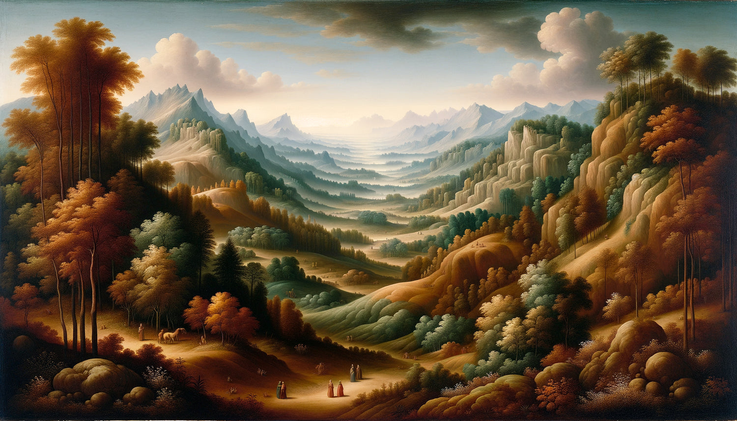 Paysage flamand Renaissance démontrant la perspective atmosphérique avec stratification chromatique du brun au bleu pâle