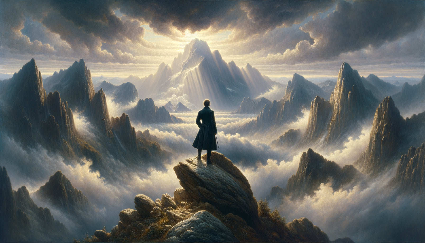 Peinture romantique allemande style Friedrich : randonneur contemplatif face à sommets montagneux émergeant des nuages, élévation spirituelle sublime