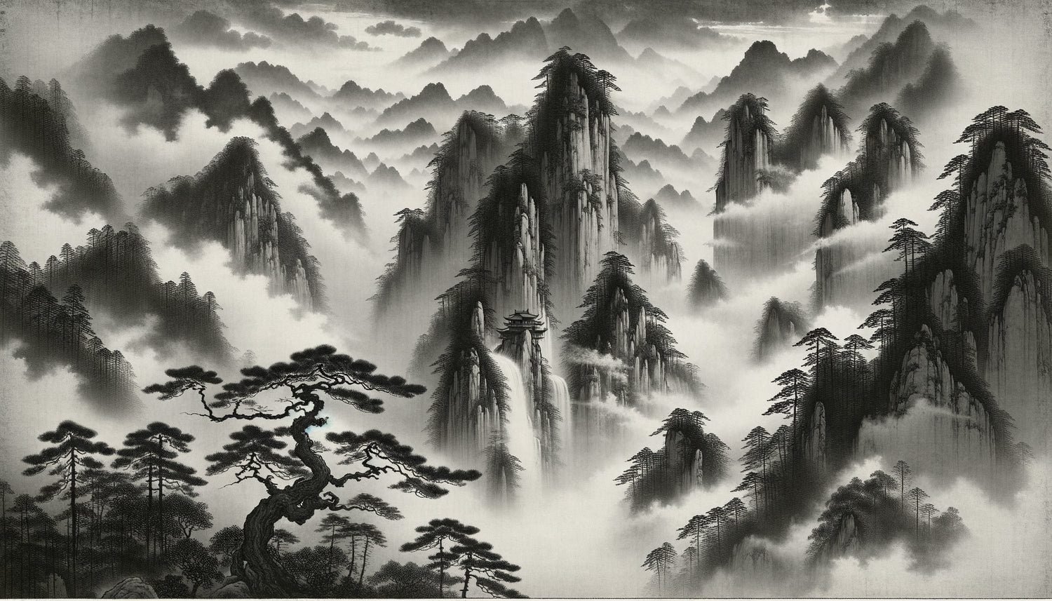 Peinture de paysage montagneux dynastie Song, encre monochrome sur soie, montagnes brumeuses style shanshui, atmosphère méditative