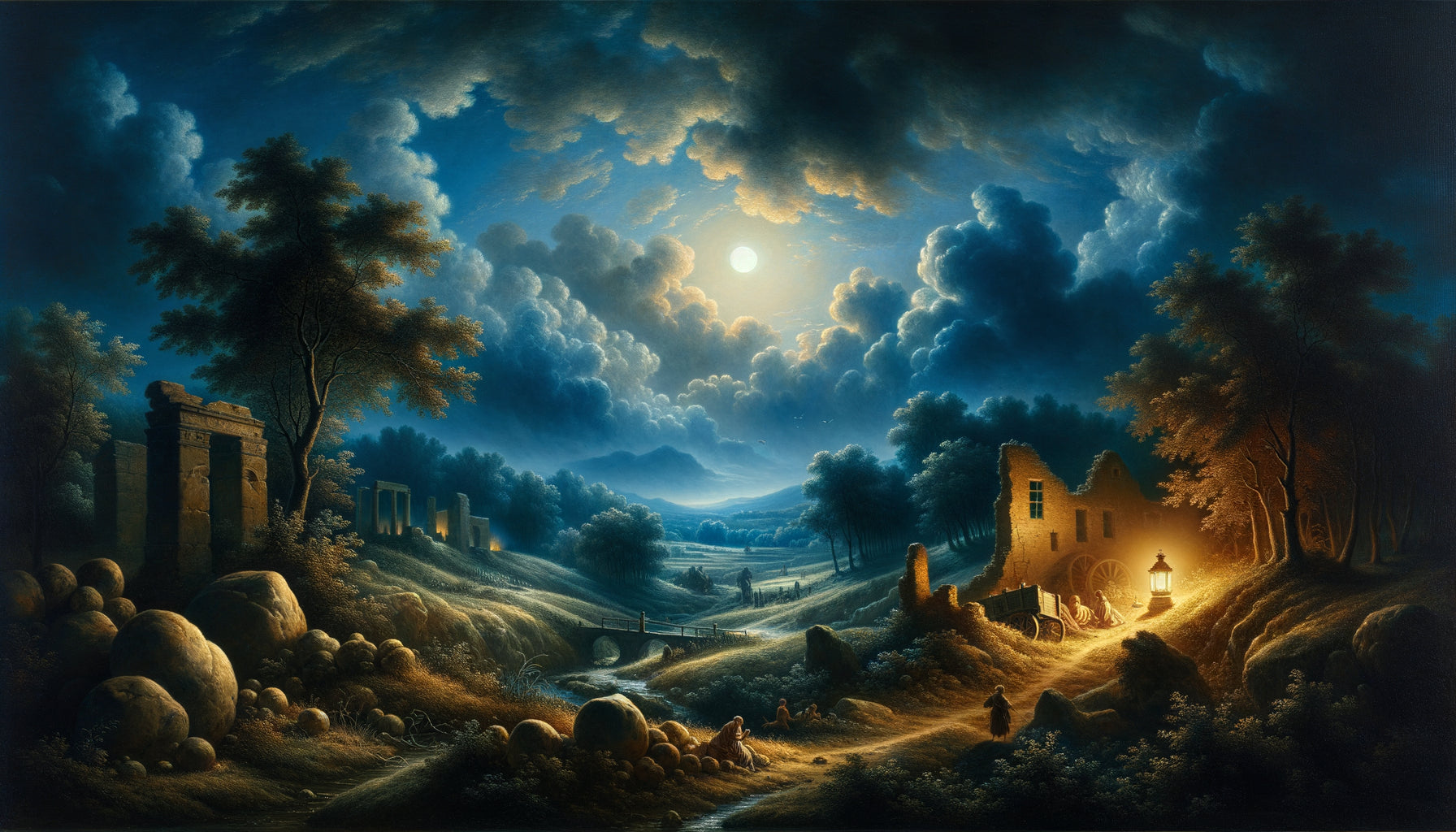 Peinture baroque de paysage nocturne du XVIIe siècle avec technique du clair-obscur, clair de lune et pigments précieux
