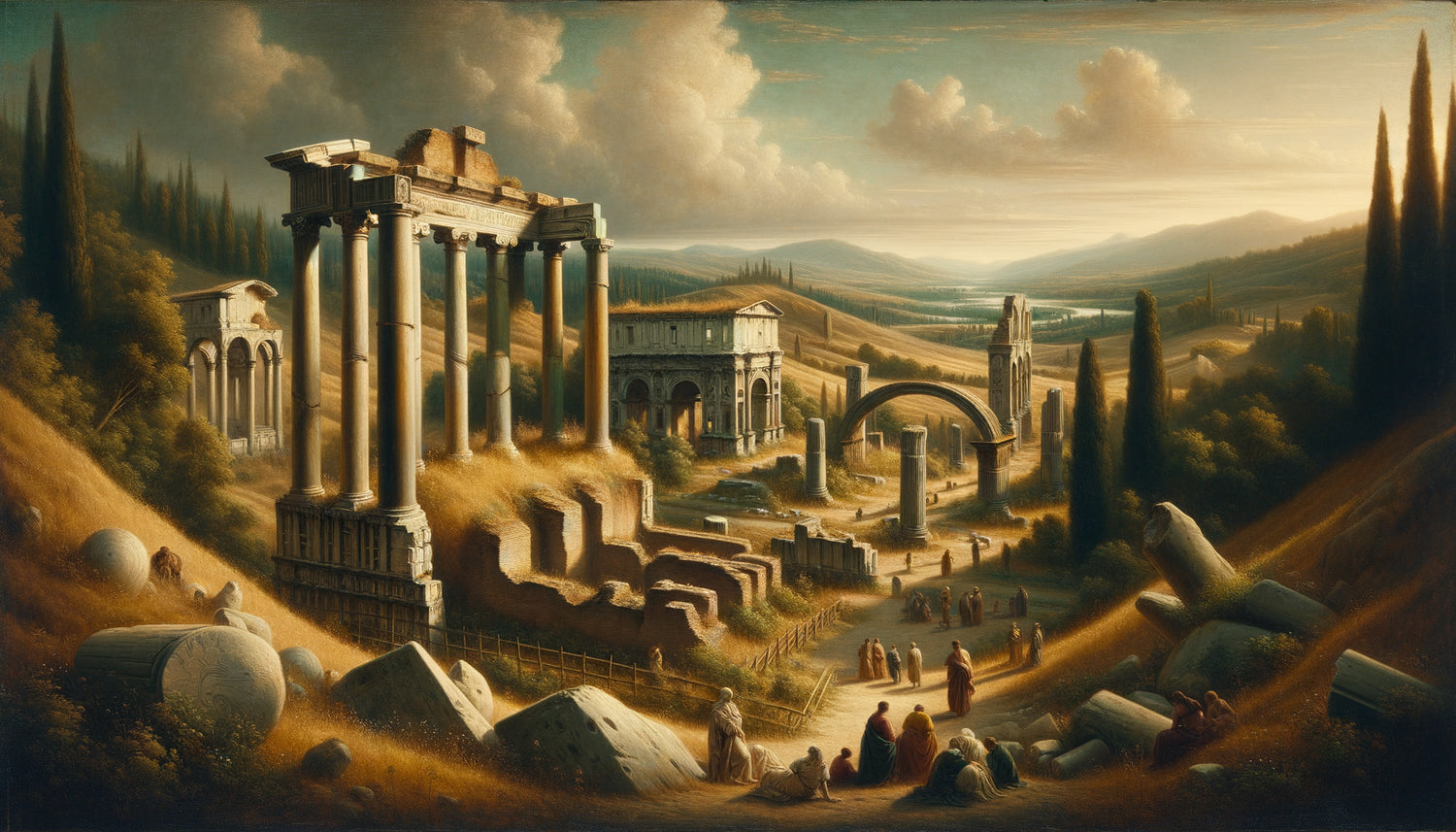 Paysage Renaissance italienne avec ruines antiques romaines, colonnes et arcs brisés, technique sfumato, atmosphère mélancolique humaniste