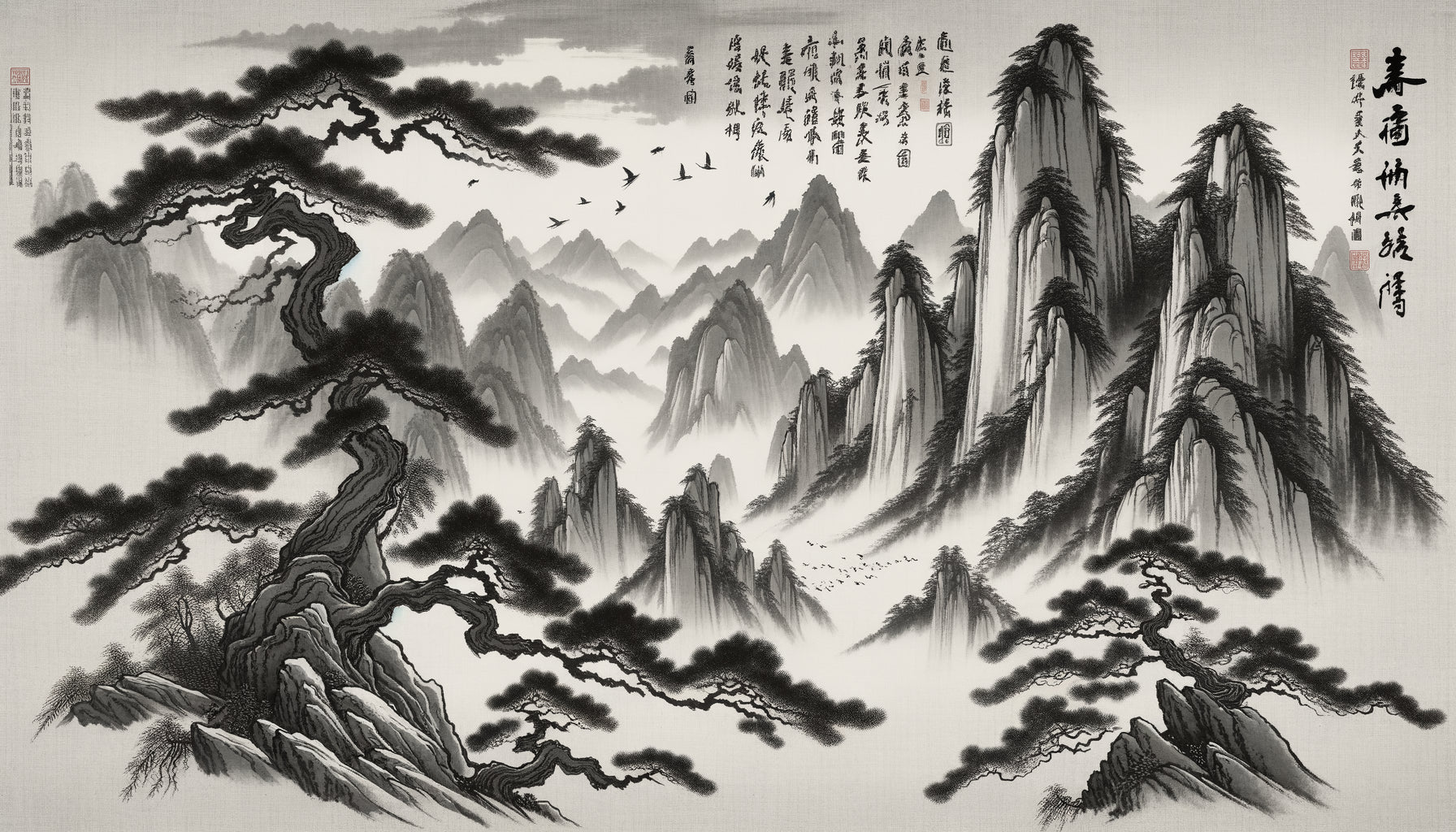 Paysage chinois dynastie Yuan en encre, traits calligraphiques cursifs dynamisant montagnes et arbres, fusion écriture-nature