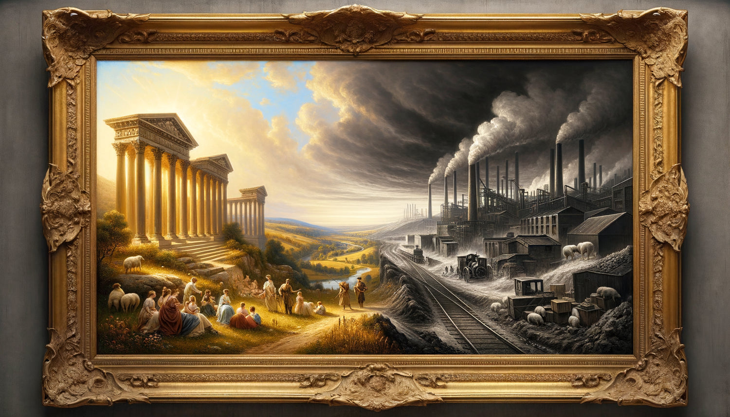 Peinture académique du 19ème siècle illustrant le contraste entre paysage idéalisé classique et réalité industrielle exclue