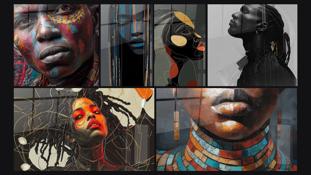 Mosaik aus sechs Gemälden, darunter Afrikanische Frau farbige Körpermalerei und Afrikanische Frau mit Halskette