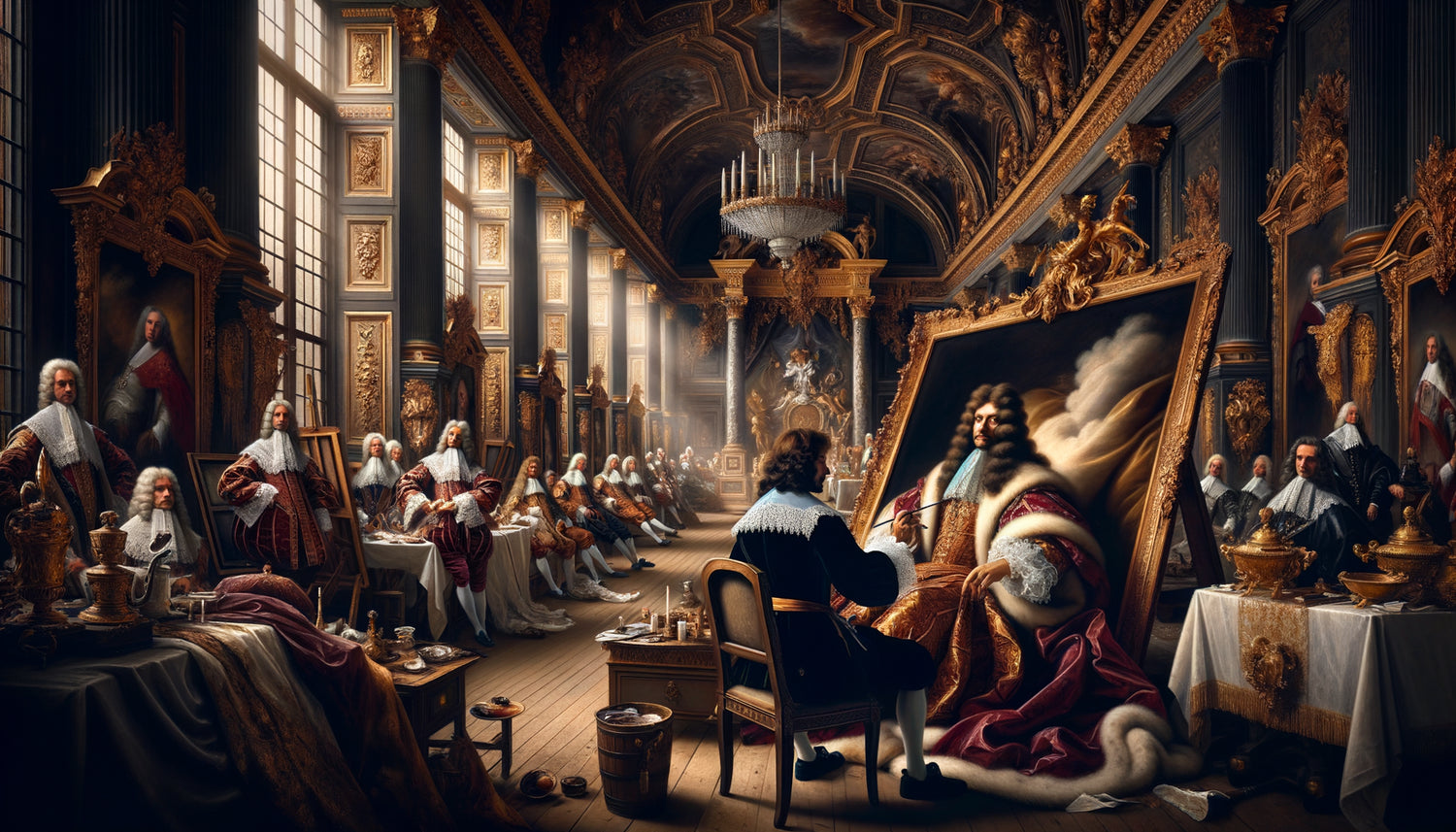 Peintre de cour baroque du 17ème siècle travaillant sur portrait royal dans atelier palatial somptueux