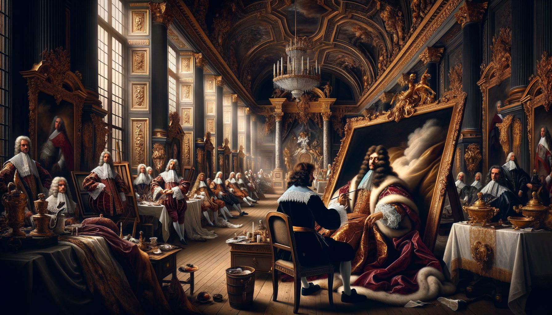 Peintre de cour baroque du 17ème siècle travaillant sur portrait royal dans atelier palatial somptueux