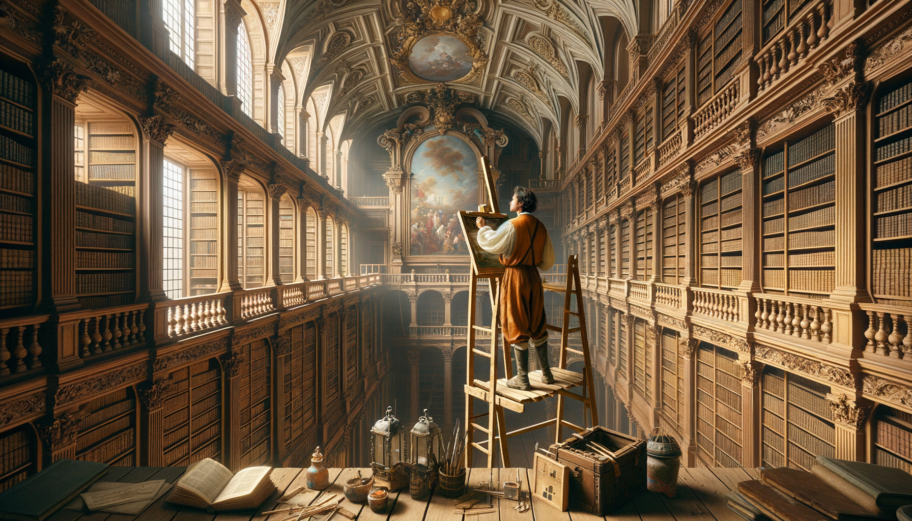 Peintre du 18ème siècle travaillant sur échafaudage dans bibliothèque baroque à double hauteur, illustrant défis de proportion