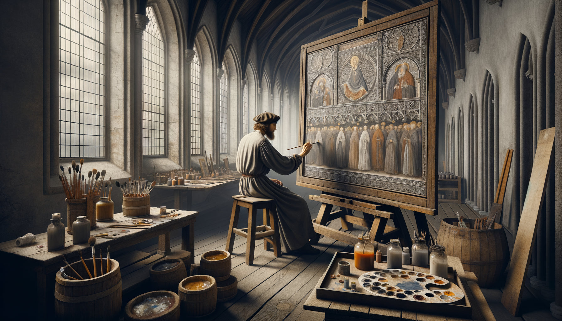 Atelier de peintre hanséatique du XVe siècle avec palette monochrome standardisée, grisaille médiévale nordique