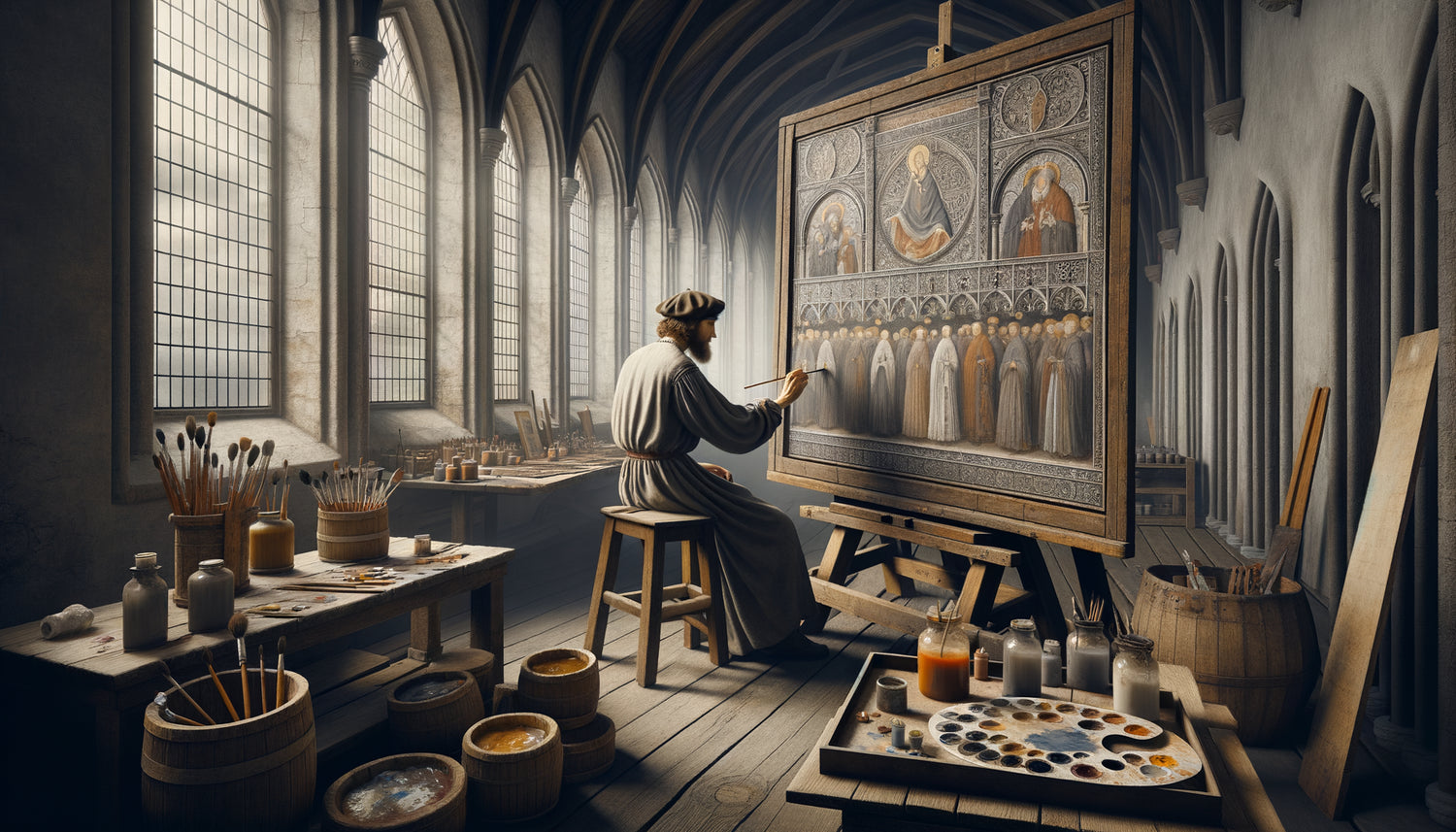 Atelier de peintre hanséatique du XVe siècle avec palette monochrome standardisée, grisaille médiévale nordique