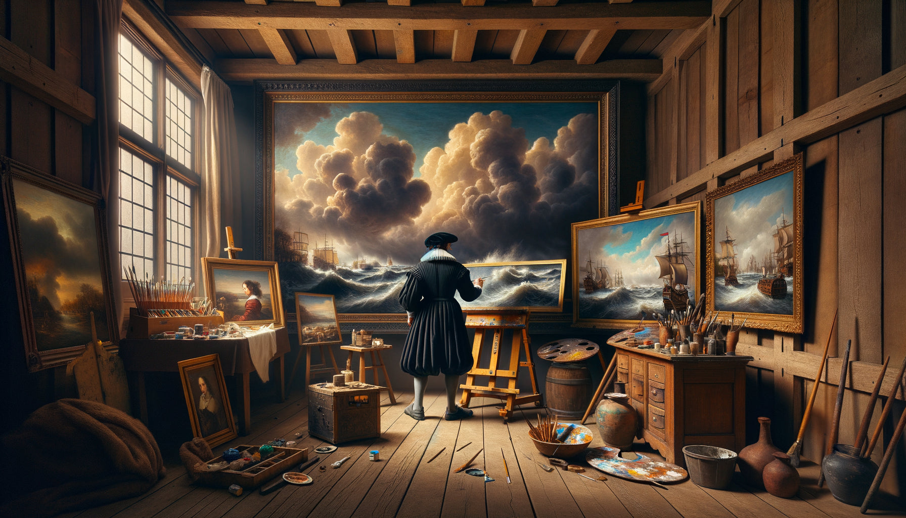 Atelier de peintre hollandais du XVIIe siècle montrant la spécialisation en paysages maritimes, style Siècle d'Or néerlandais