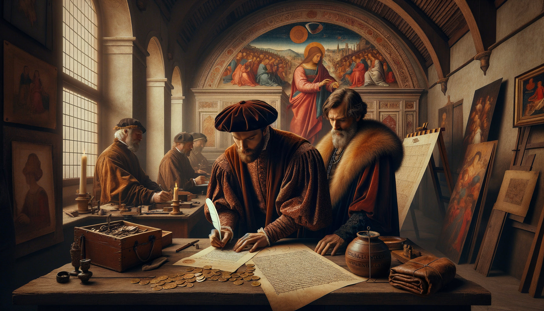 Atelier de peintre Renaissance années 1490 : artiste signant contrat avec commanditaire, fresques murales en arrière-plan