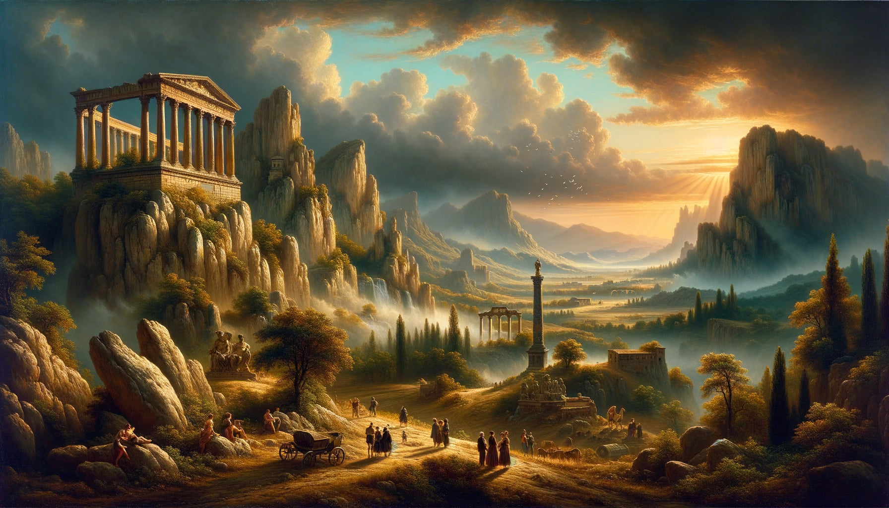 Peinture académique française du XIXe siècle montrant un paysage historique composé en trois plans avec architecture classique et lumière dramatique