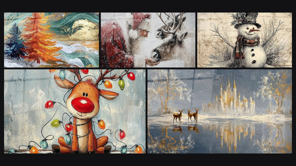 Mosaik aus fünf Gemälden, darunter Landschaft Atem des Weihnachtsmanns und Schneemann König der Eiskristalle
