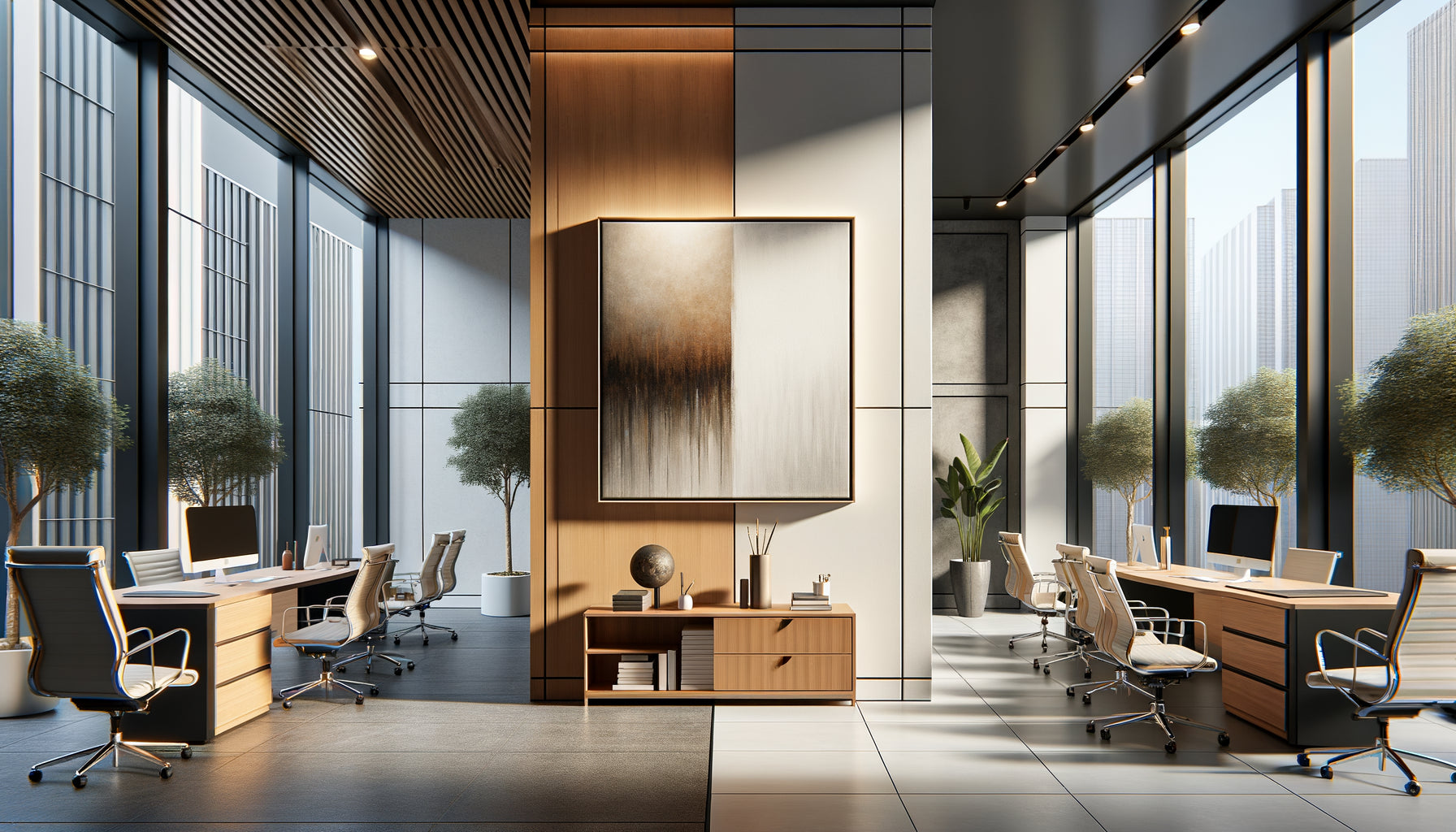 Comparaison bureau professionnel moderne : peinture avec cadre traditionnel versus toile sur châssis apparent