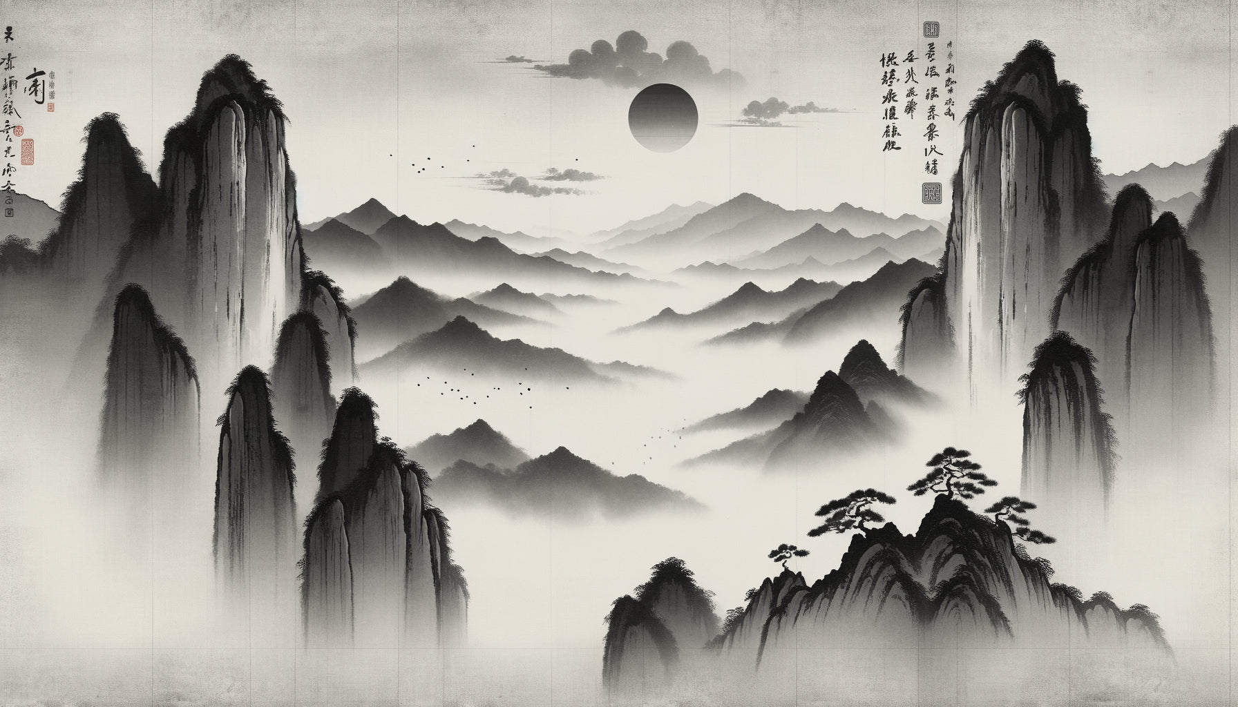 Peinture chinoise traditionnelle à l'encre de la dynastie Song utilisant le vide cosmique et l'espace négatif
