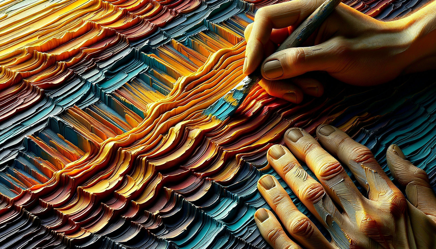 Gros plan texture peinture au couteau vintage années 1950-60, reliefs épais empâtement, jeu de lumière sur surface tactile