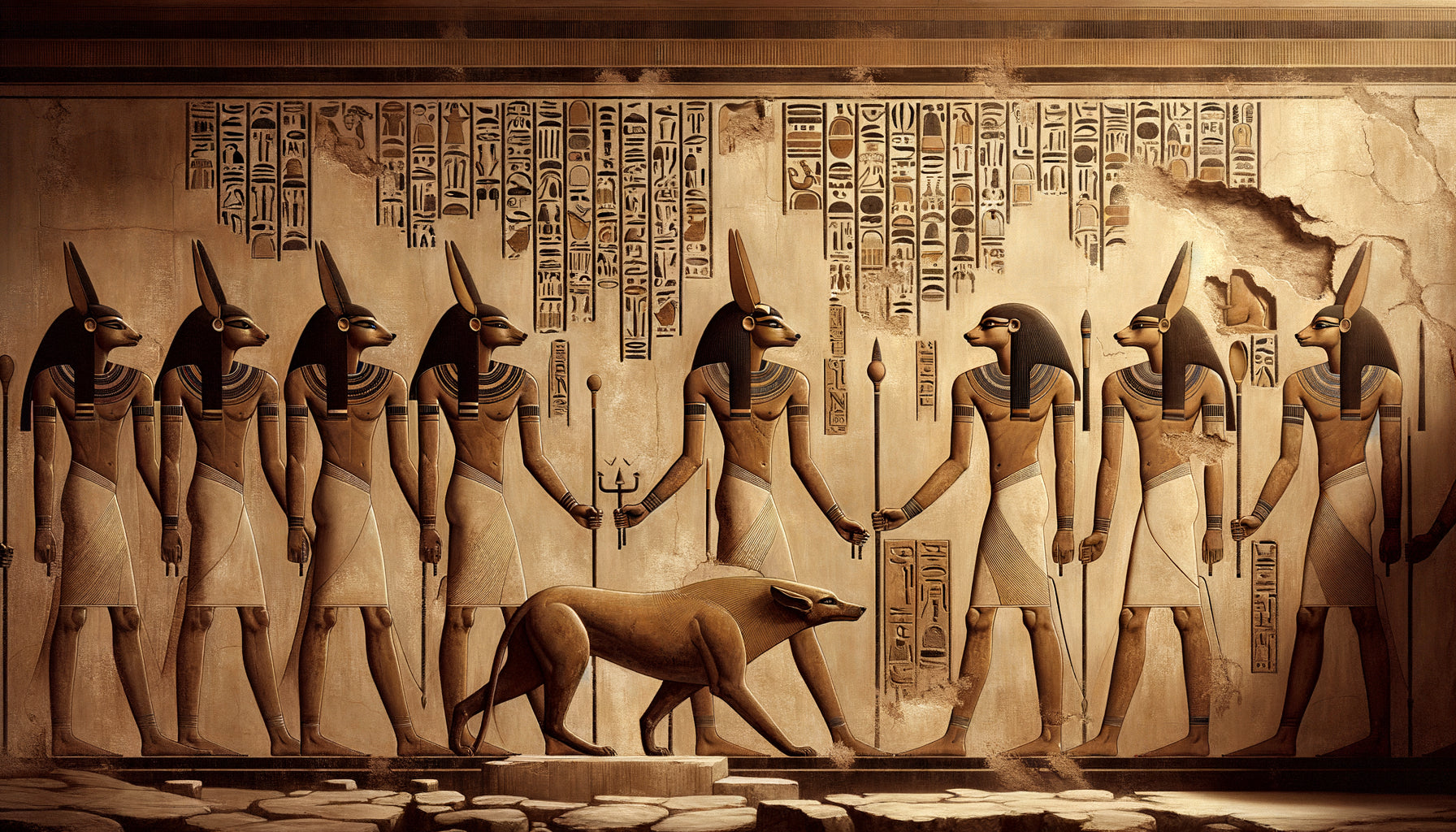 Peinture funéraire égyptienne antique monochrome ocre représentant une scène rituelle avec Anubis, style Nouvel Empire