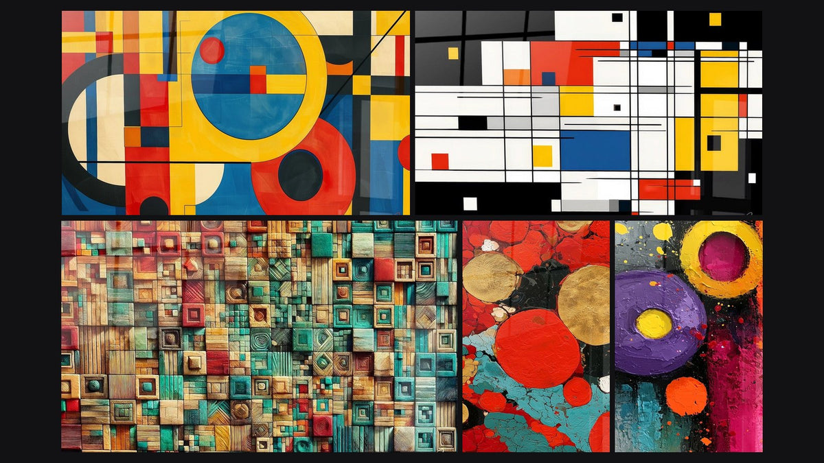 Mosaik aus fünf Gemälden, darunter Colored Geometric Forms Wall Art, Farbverschachtelung und Farbige geometrische Komposition