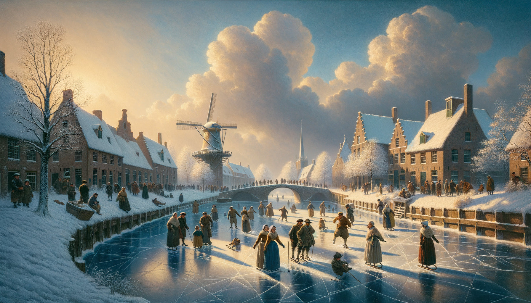 Peinture hollandaise du XVIIe siècle représentant un paysage hivernal avec patineurs sur canal gelé, technique de glacis caractéristique du Siècle d'Or