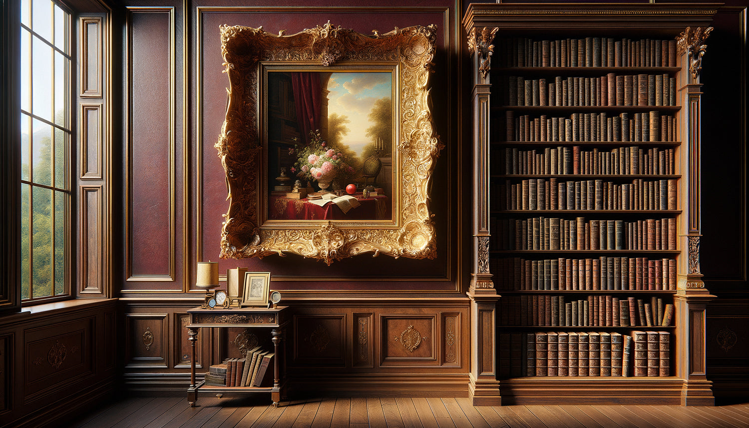 Peinture à l'huile ancienne encadrée près d'une bibliothèque en bois avec livres reliés cuir, intérieur soigné