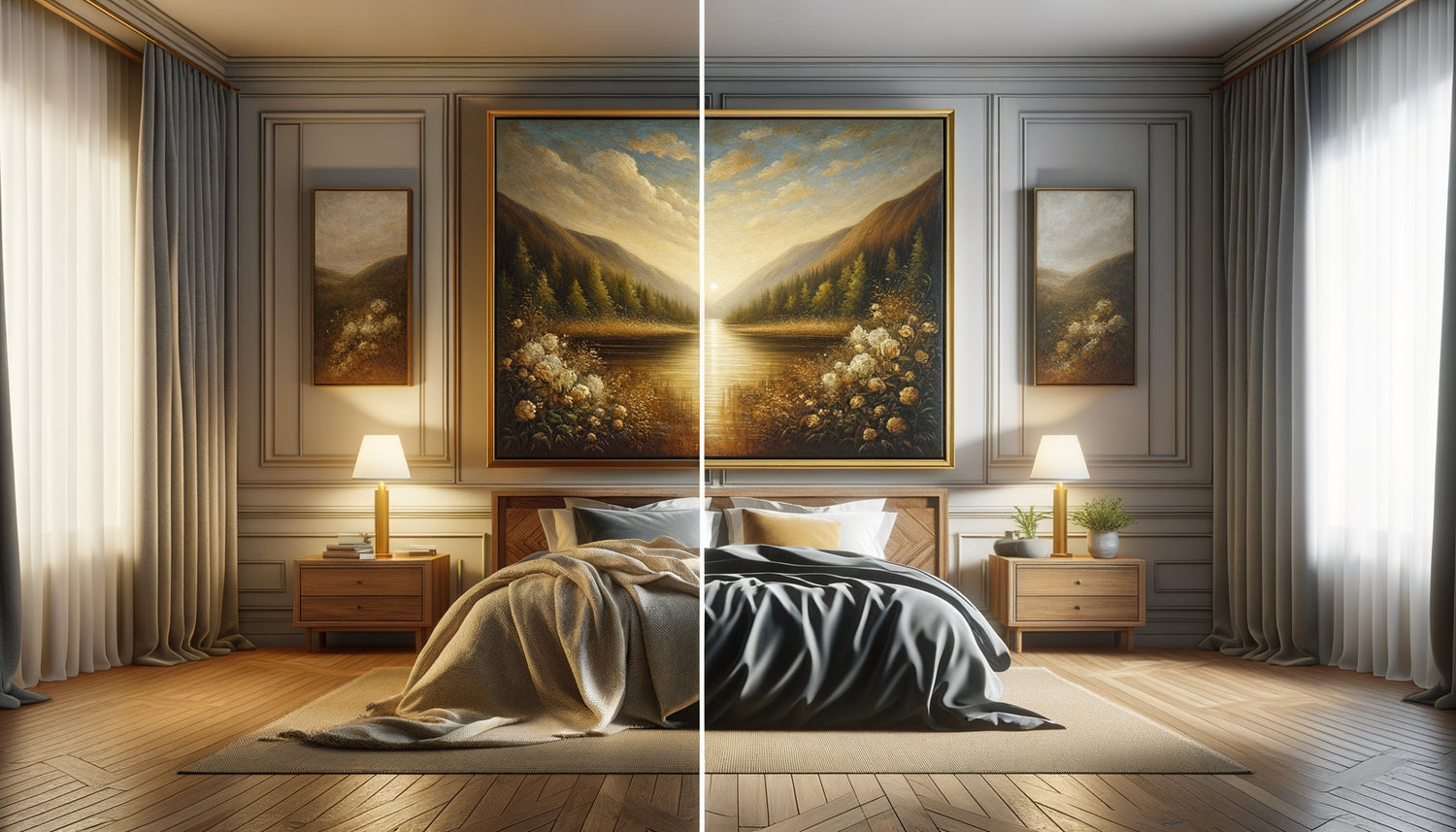Comparaison visuelle entre peinture à l'huile texturée et impression lisse dans une chambre principale contemporaine