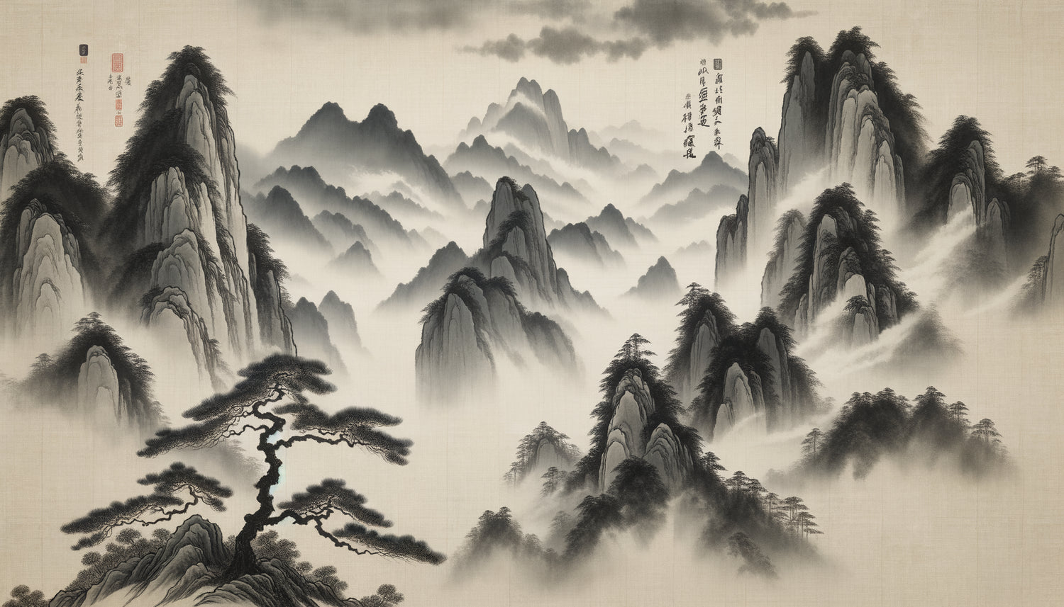 Peinture de paysage dynastie Song avec montagnes brumeuses à l'encre de Chine, touches d'azurite et malachite, style lavis traditionnel