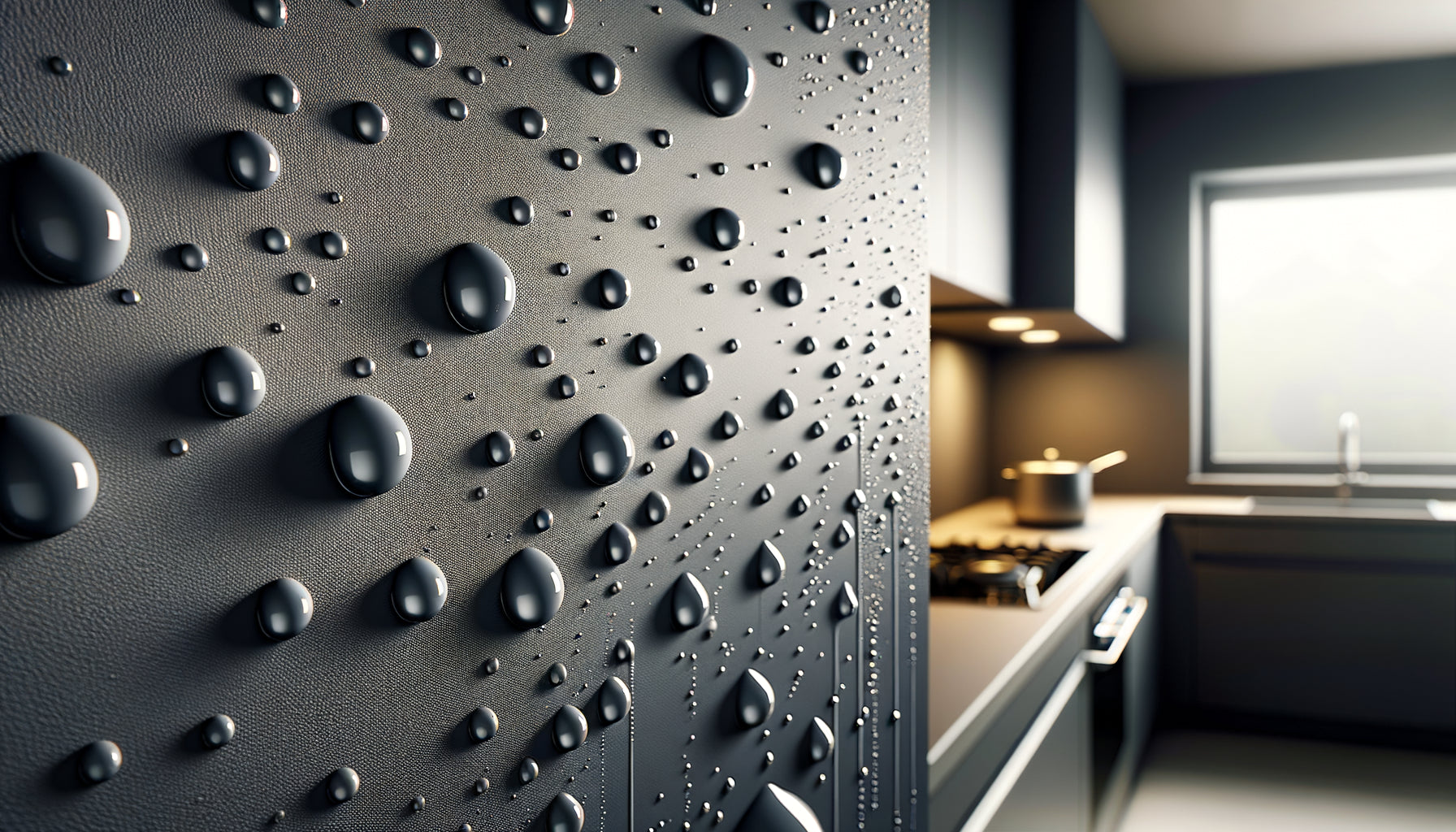 Mur de cuisine moderne avec peinture mate hydrofuge, gouttelettes d'eau perlant sur finition veloutée protectrice