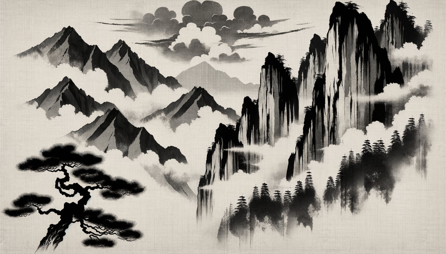Peinture monochrome japonaise période Muromachi, style Sesshū, montagnes à l'encre noire, technique sumi-e zen 15ème siècle