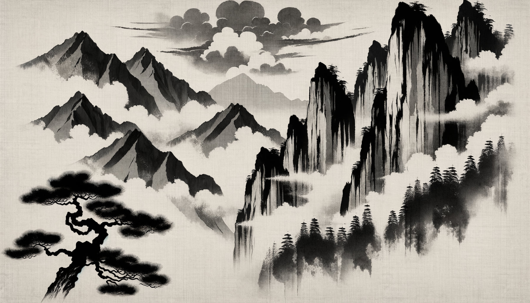Peinture monochrome japonaise période Muromachi, style Sesshū, montagnes à l'encre noire, technique sumi-e zen 15ème siècle
