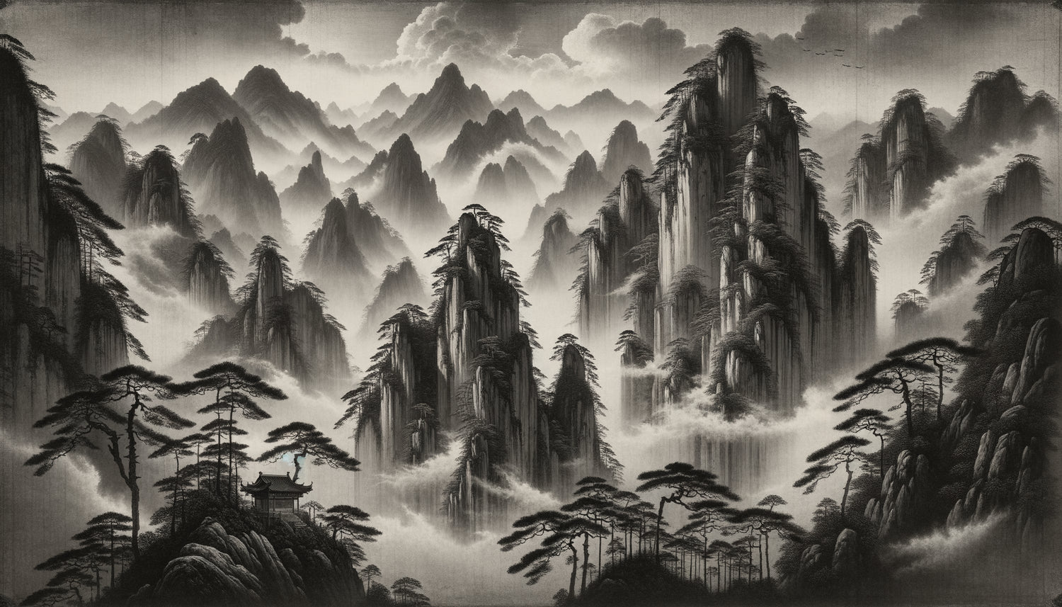 Peinture à l'encre dynastie Ming montrant montagnes sacrées émergeant des brumes, technique shanshui méditative caractéristique