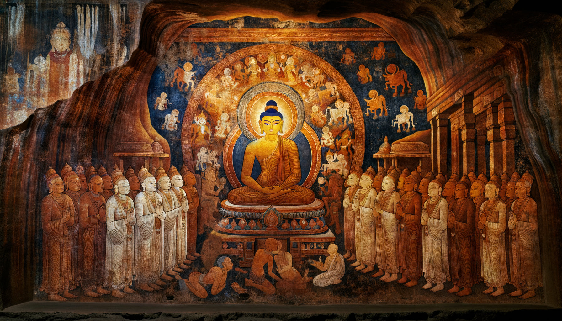 Peinture murale des grottes d'Ajanta, période Gupta, illustrant un jataka avec contrastes chromatiques et tonals caractéristiques de l'art bouddhiste ancien