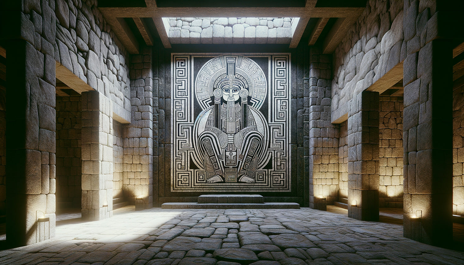 Peinture murale inca précolombienne montrant une divinité en contours noirs sans remplissage coloré sur mur de temple