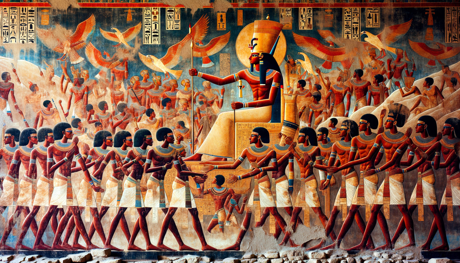 Peinture murale antique kushite représentant des prisonniers de guerre devant le pharaon nubien, style artistique méroïtique