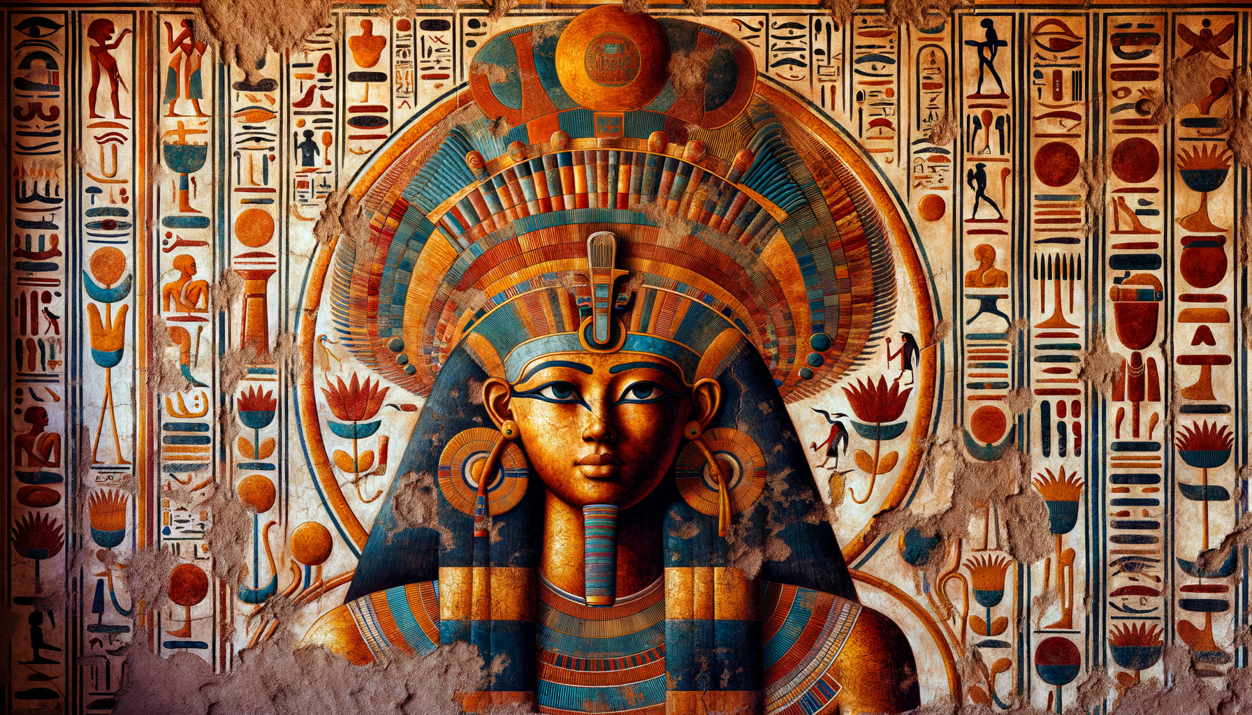 Fresque funéraire antique de Méroé montrant une divinité syncrétique égypto-nubienne aux couleurs ocre et indigo caractéristiques